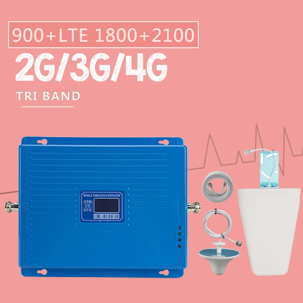 

Walokcon Tri Band Mobile Signal Repeater 2G 3G 4G GSM 900/DCS LTE 1800/WCDMA UMTS 2100MHz Cellular Signal Booster Amplifier Set