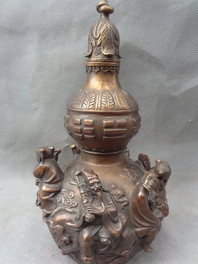 

S3583 8" Chinese Pure Bronze FengShui Wealth 8 God Immortals Statue Shou Gourd Pot D0318