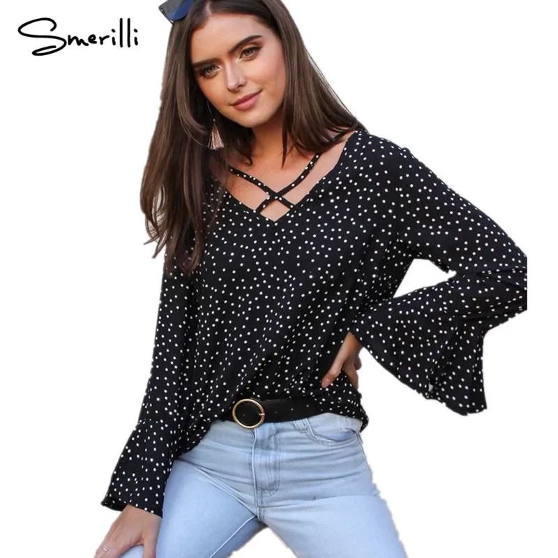 Big V-neck Dot Print Blouse Women Autumn Chiffon Flare Sleeves Blouses Long Puff Female Shirts Elegant Tops Women's Wear |