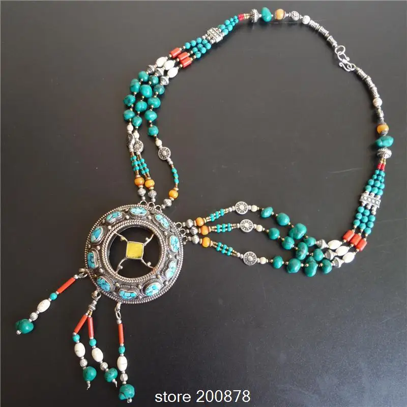 TNL587 Master Design Nepal Indian brass inlaid Stone coral Big Round pendant necklace Multi Statements Big BOHO Necklace