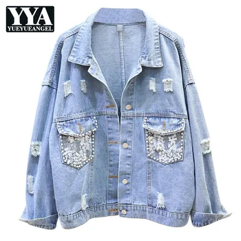 

2019 Coat Female Spring Fall Chic Pocket Beading Diamonds Sequins Hole Lapel Loose Punk Style Single Breasted Women Jean Jackets
