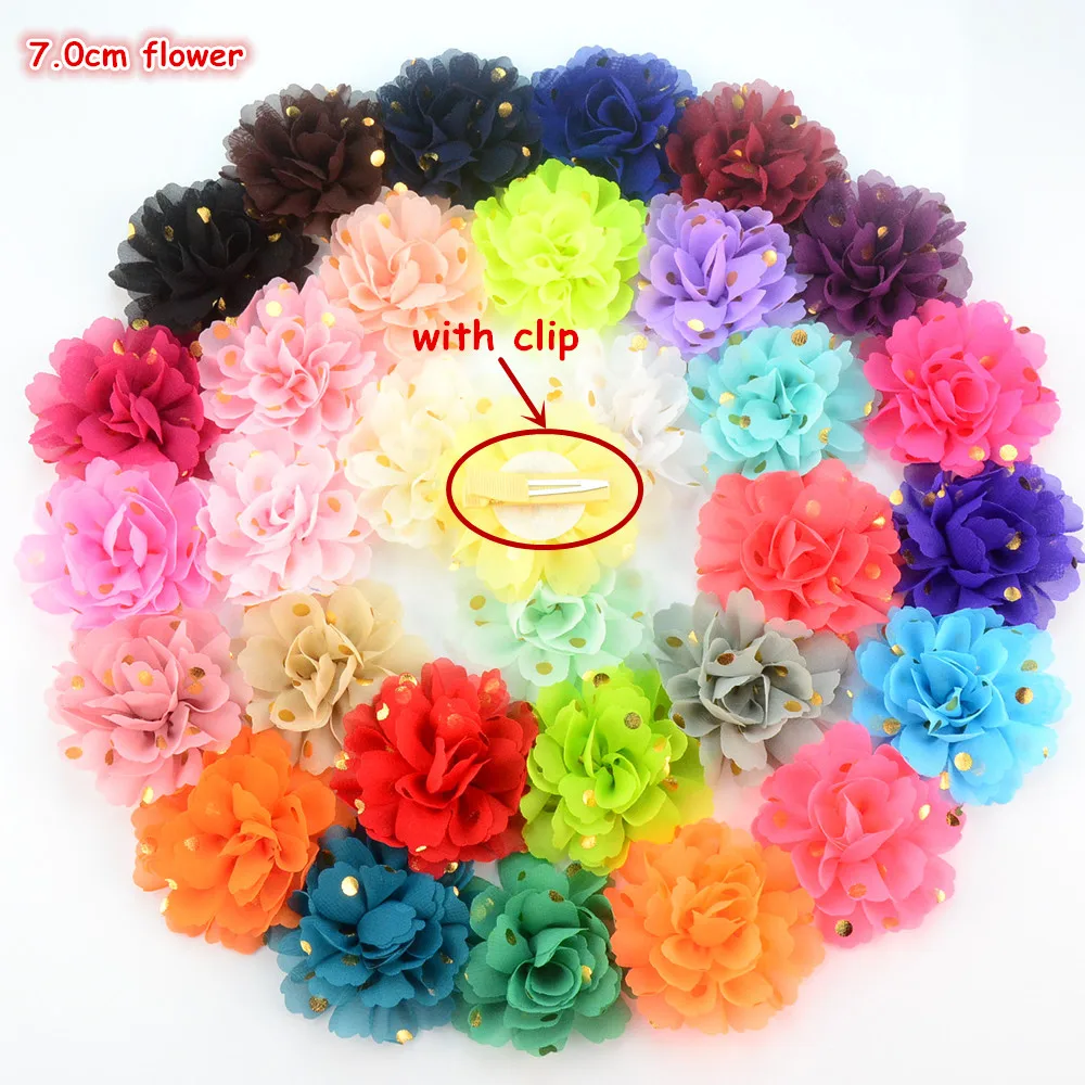 3 pcs Navy blue metallic gold polka dot 2.75/" chiffon flowers DIY headband