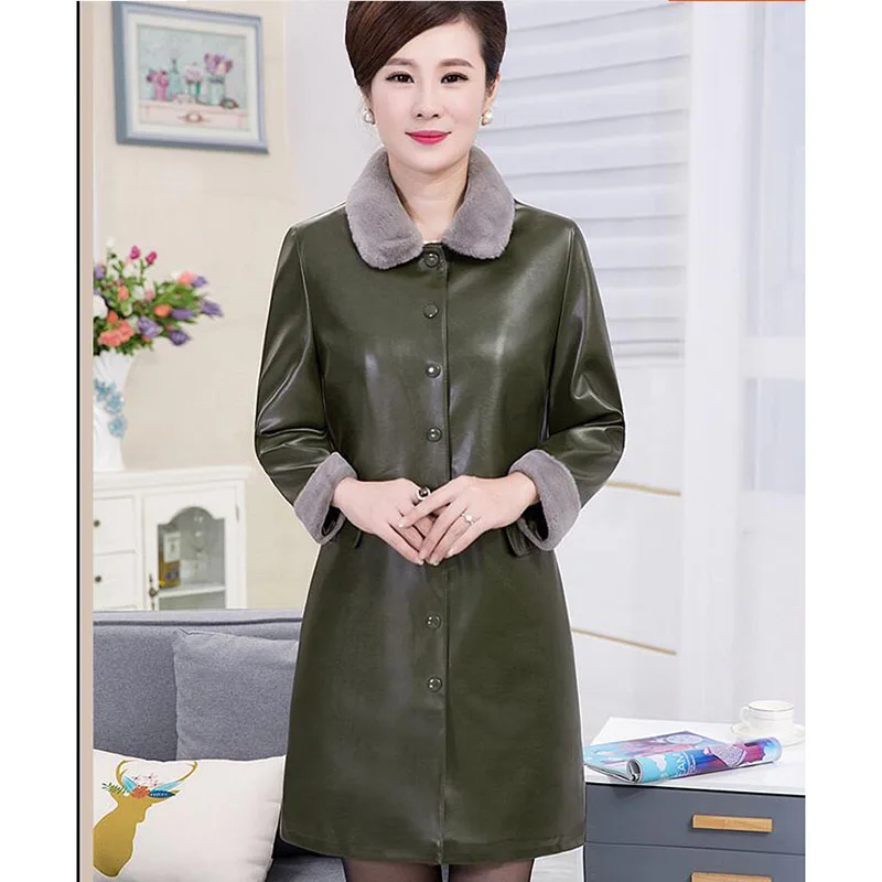 Women Faux Leather Jacket 2019 Washed PU Windbreaker Winter Long Section Plus Velvet Thick Coat Female Slim Warm XL | Женская одежда