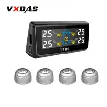 

VXDAS Solar TPMS Tire Pressure Monitor Alarm With RF Wireless 4 Sensors Temperature Monitoring Car Protection Real Time Display