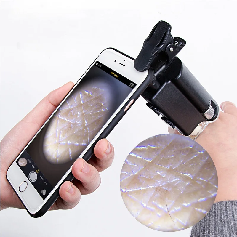 10 pcs/lot Cell Phone Clip-on Microscope 60X-100X Illuminated Monocular Microscope Universal Clip Magnifying Glass LED UV Lamp
