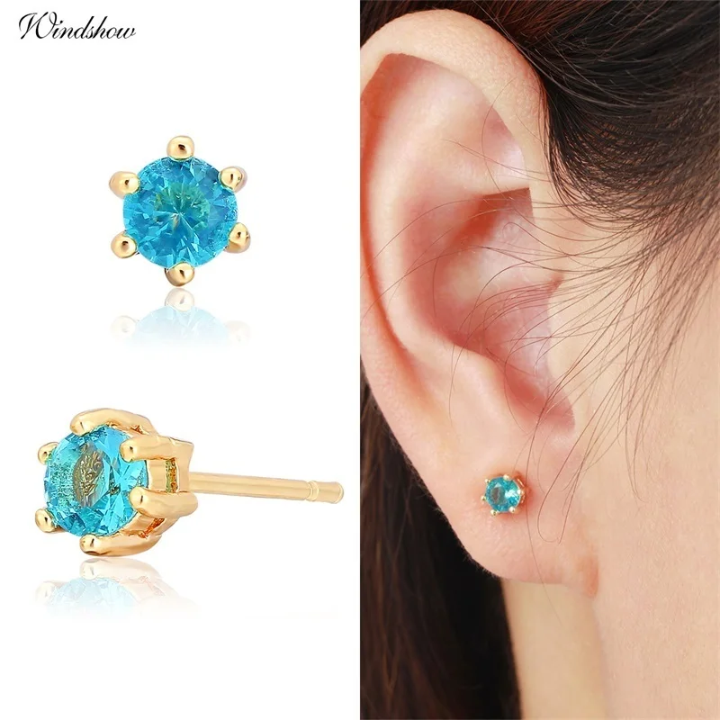 

6Colors Slim Round CZ Small Stud Earrings For Women Men Kids Girls Baby Child Piercing Jewelry 6 Claw Gold Color 4mm Aros Aretes