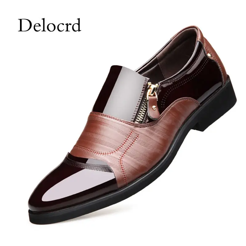 

New Spring Fashion Oxford Business Men Shoes Patent Leather High Quality Soft Casual Breathable Men's Flats Zip Shoes Delocrd