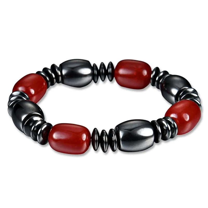 

Red gems Energy Healing Hematite Bangle with Magnetic Brazil Therapy of Beads Elastic Bracelet for Women and Jewelry