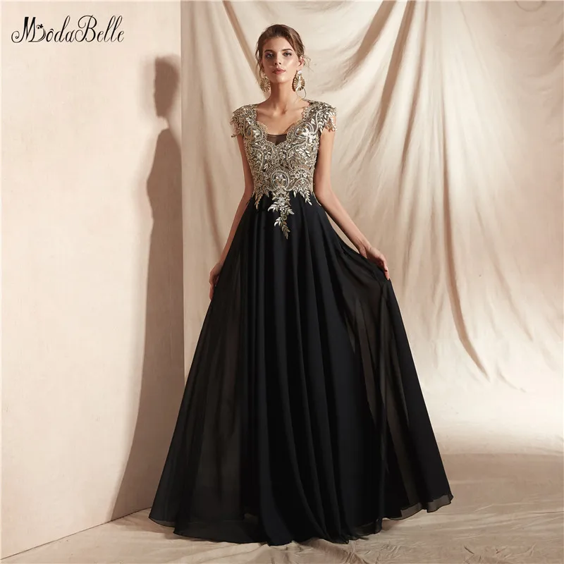 modabelle Chiffon Black Prom Dress Robe De Gala Cap Sleeve Appliques