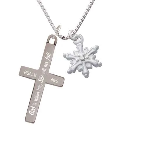 White Snowflake with Clear Crystal - She will not Fall - Cross Necklace (1)