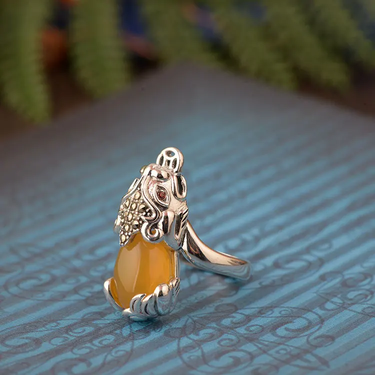 FNJ 925 Серебряное кольцо Pixiu, желтый халцедон,, S925 Стерлинговое тайское серебро, кольца для женщин и мужчин, ювелирное изделие, регулируемый размер