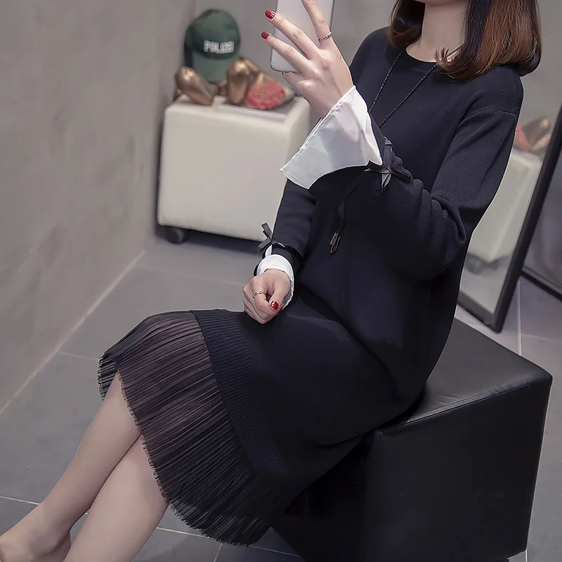 

Milinsus Autumn Winter 2019 New Elegant Solid Black Knitted Dress Women Chiffon Flare Sleeve Patchwork Plus Size Sweater Dresses