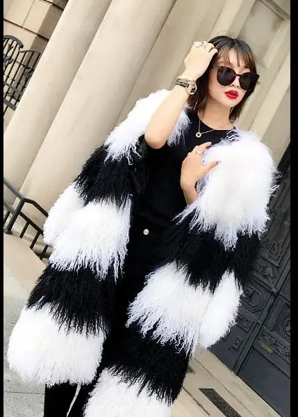 

famous Fashion Stylish Women black White patchwork Warm thickening real lamb fur coats beauty long hair real sheep fur coat