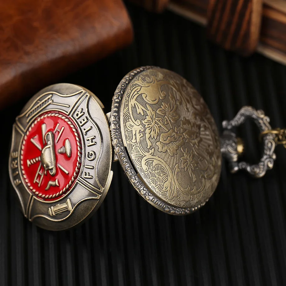 Pocket Watch Fire Fighter Red Pattern Full Hunter Bronze Quartz Watches Antique Unique Firefighter Men Women Gift With Bag 2017 (5)