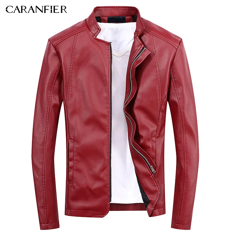 CARANFIER,, Мужская искусственная кожа, искусственная кожа, мотоциклетная, красная куртка, осень, толстая, зимняя, теплая одежда, мужская, тонкая, повседневная, с карманами, пальто - Цвет: Красный