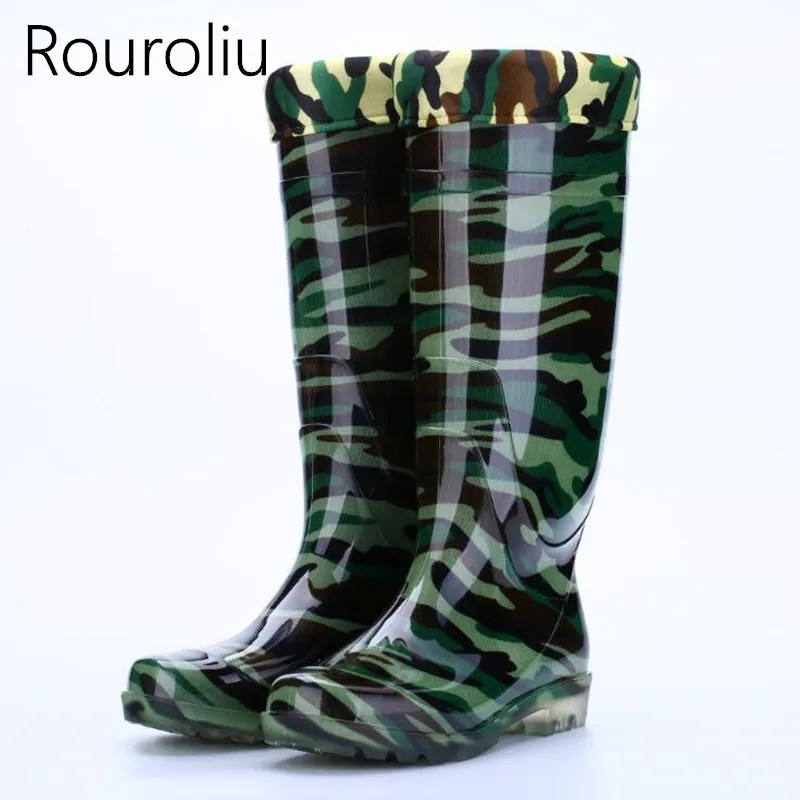 Rouroliu Men Winter Camouflage Rainboots Waterproof Safety Work Shoes