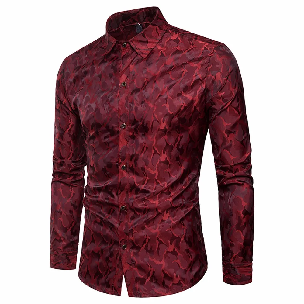 Осенняя Хлопковая мужская приталенная полосатая Повседневная рубашка на пуговицах с длинным рукавом, формальная верхняя блузка, камуфляжный дизайн, шелковая ткань, Camisa Hombre - Цвет: Wine Red