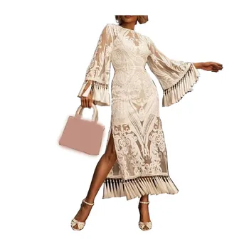 

2019 Summer Flare Sleeve White Lace Dress Bohemian Beach Dress Sheath Women Embroidery Tassel Slit Maxi Dresses Vestidos