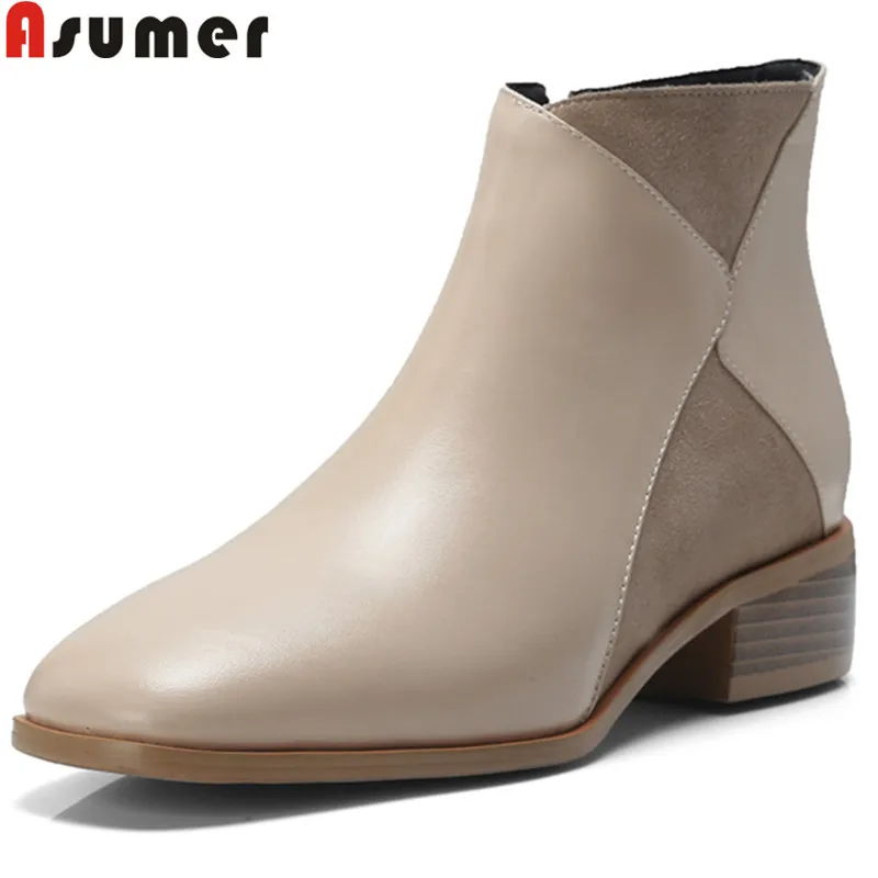 

ASUMER 2019 fashion ankle boots women square toe genuine leather boots med heels shoes mixed colors autumn winter boots women