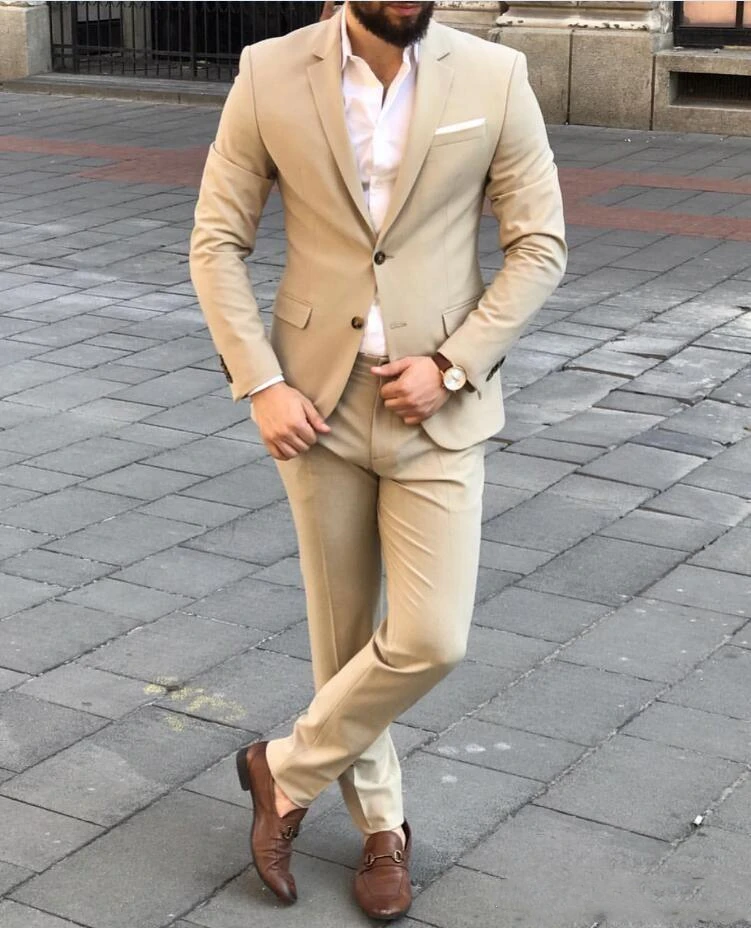 

Brand New Beige Groom Tuxedos Notch Lapel Men Wedding Tuxedo Fashion Men Jacket Blazer Mens Dinner Suits Male (Jacket+Pants+T