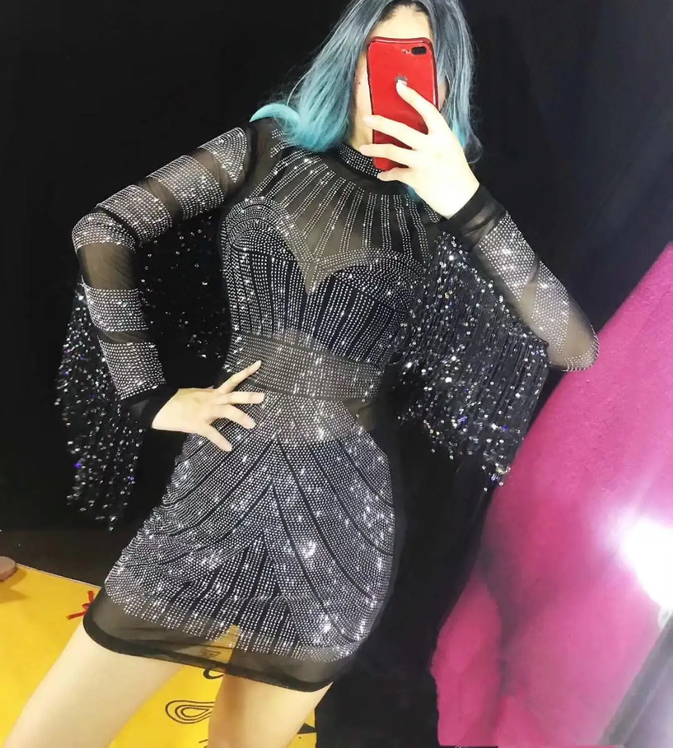 

New Black Mesh See Through Dress Costume Female Performance Fringe Sleeves Perspective Dress Women Singer Stage Show Wear