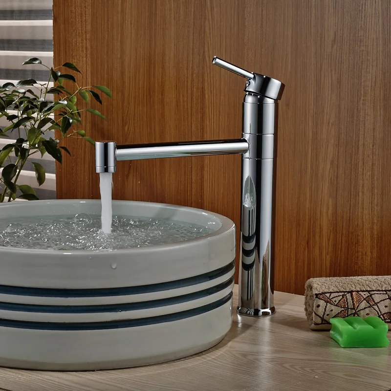 Single Handle Vertical Long Spout Basin Mixer Faucet Bathroom Sink Washing Taps Chrome Finish