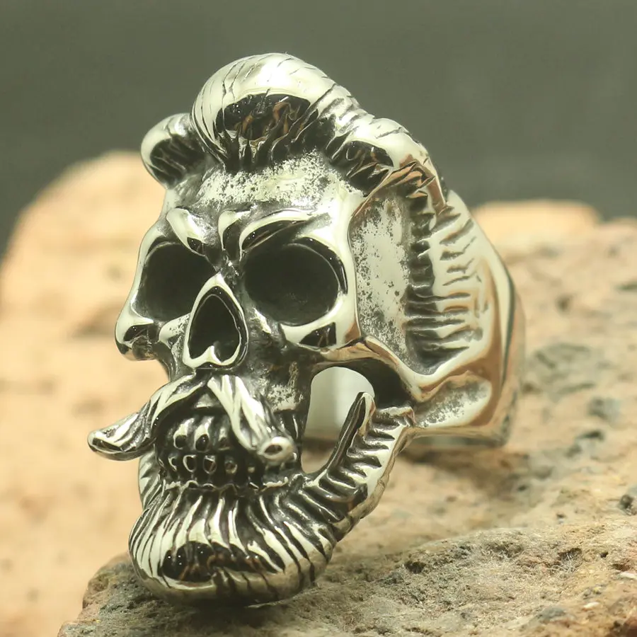 

Men Boy 316L Stainless Steel Cool Silver Viking Beards Skull Ring