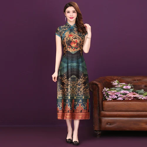 

2019 Spring Summer Short Sleeve Silk Women Dress New Retro Style Improved Cheongsam Big Code Elegant Temperament Female Dresses