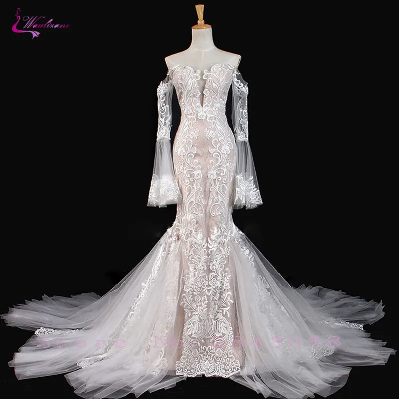 Vestido de Casamento Quente com Botão Fora do Ombro Vestido de Noiva Waulizane Sparkly Bordado Applique Laço Sereia Venda Mangas Compridas