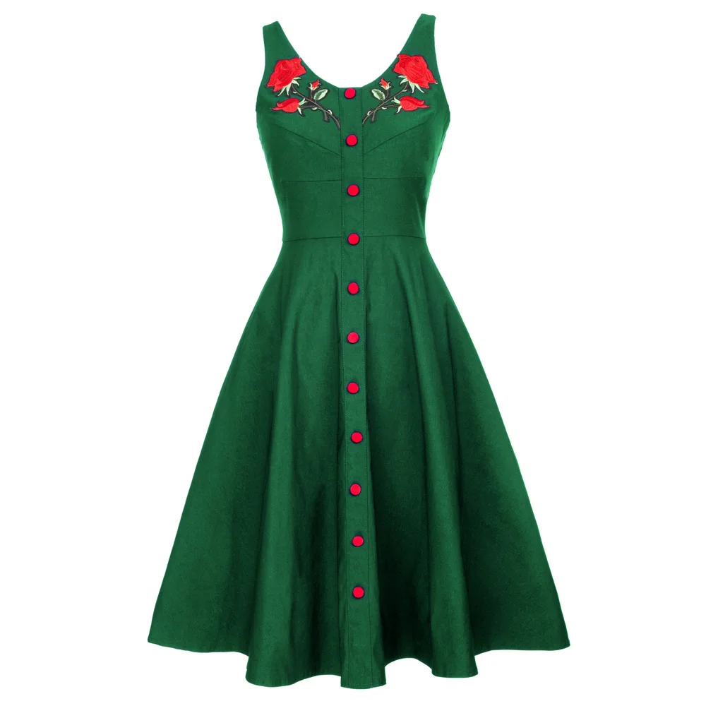 Винтажные летние платья, платье с вышивкой розы, Ретро стиль, вечерние платья, туника, элегантное женское платье без рукавов, 1950s 60 s, платье в стиле рокабилли - Цвет: Dark Green