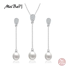 MeiBaPJ высокое качество настоящий натуральный жемчуг ювелирные наборы Мода Настоящее Серебро S925 Длинная цепочка серьги и кулон