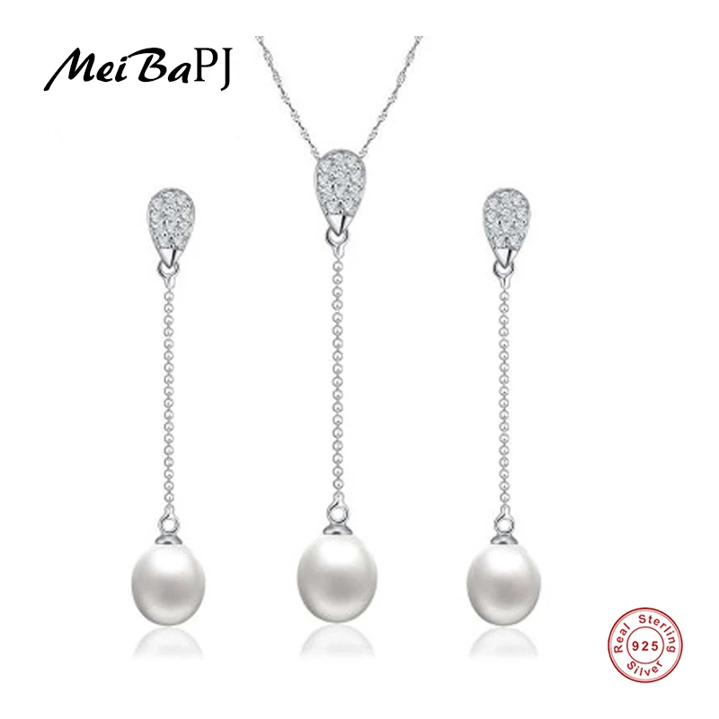 

MeiBaPJ High Quality Real Natural Pearl Jewelry Sets Fashion Real S925 Sterling Silver Long Chain Earrings & Pendant