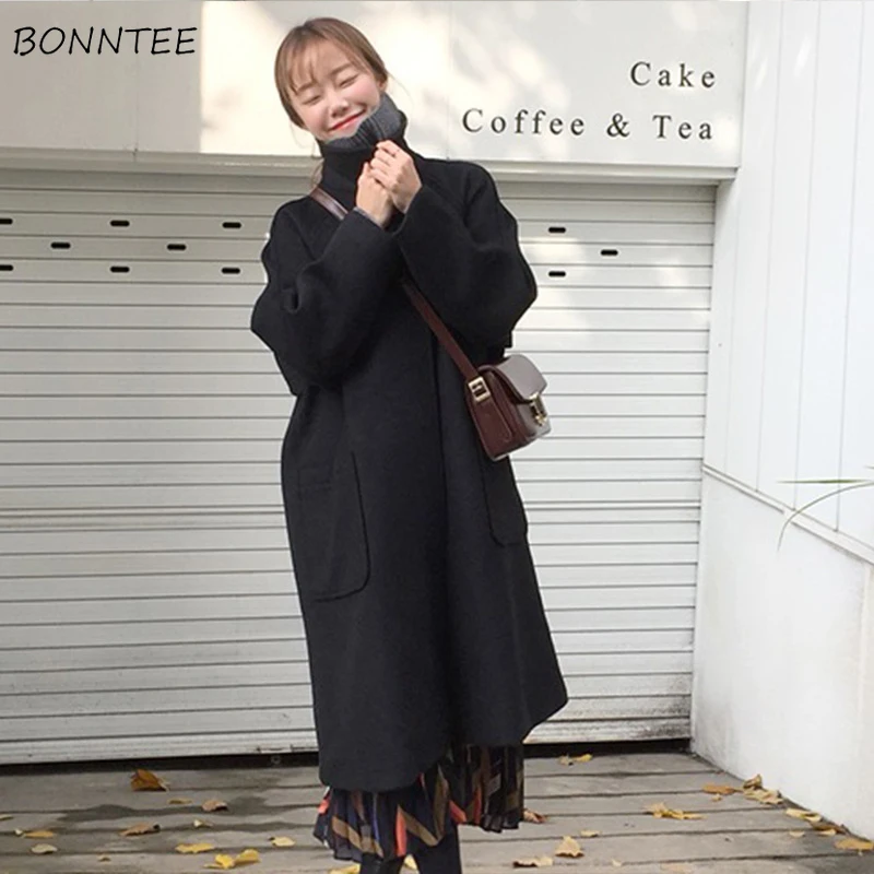 

Blends Women Solid Single Breasted Trendy Simple Long Coat Womens Fashion Elegant Winter Warm Ladies Korean Casual Sweet Pockets