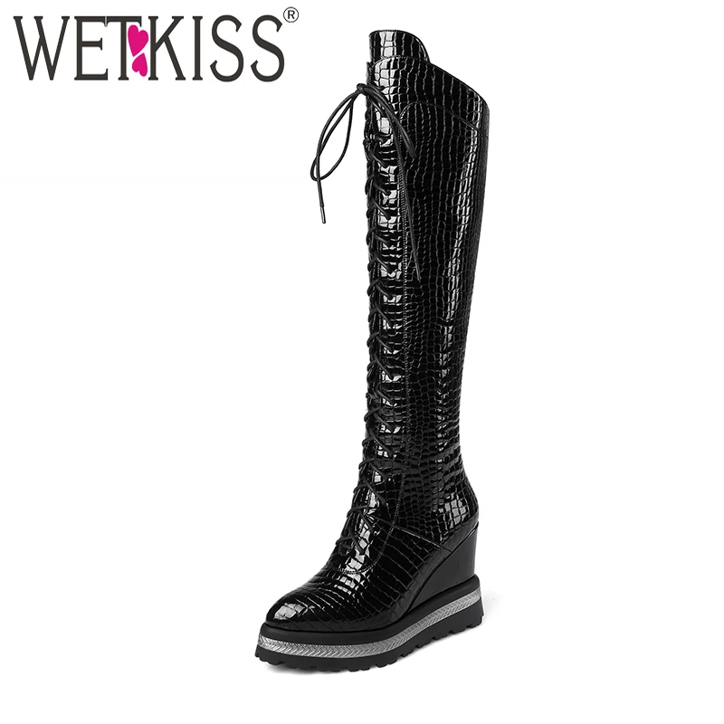 

WETKISS Neutral Cross Tied Over Knee Boots High Quality Microfiber Embossed Winter Boots For Women Shoes Zip Wedges Footwear