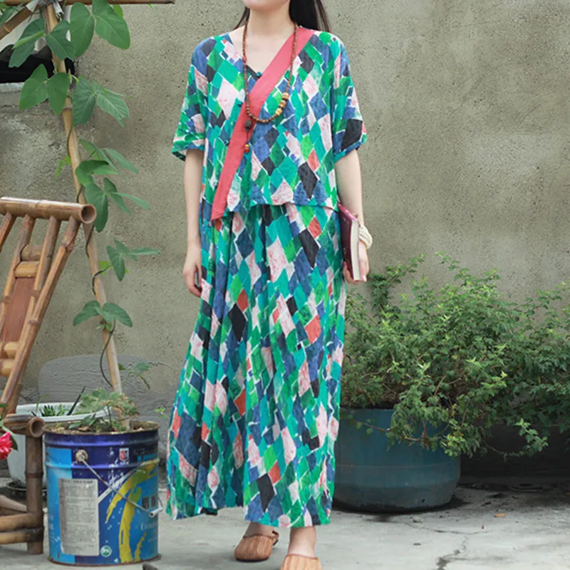 

Johnature Women New Patchwork V-neck Floral Print Cotton Linen Dress 2019 Summer Casual Simple Short Sleeve Fashion Women Dress