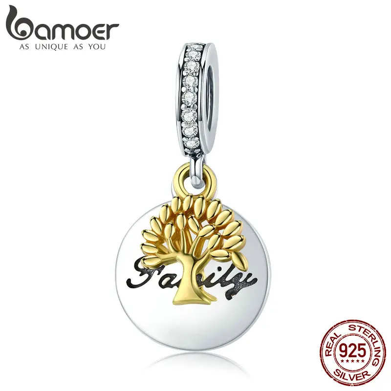 BAMOER Fashion New 925 Sterling Silver Family Tree Gold Color Tree CZ Charm fit Women Bracelets Necklaces DIY Jewelry SCC816