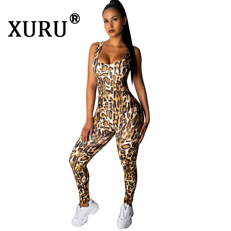 

XURU Summer New Women's Leopard Print Jumpsuit Tights Jumpsuit Casual Print Sleeveless Jumpsuit