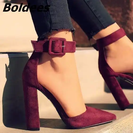 block heel burgundy shoes