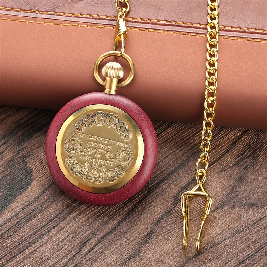 Red Wood Quartz Pocket Watch Luxury Gold Punk Pendant Chain Roman Numerals Display Vintage Watches Antique Gifts Men Women