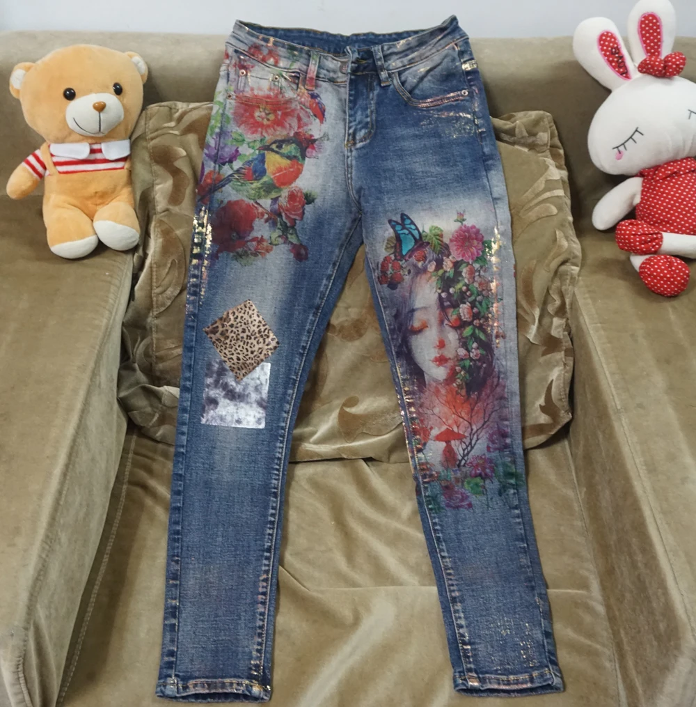 Цветочный принт, джинсовая куртка, брюки, костюм для леди, два предмета, эластичный материал, рисунок, модные тенденции, Женский комплект, бронзирующий тонкий