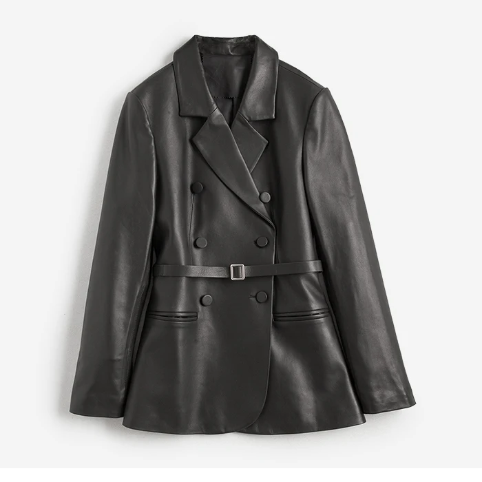 OFTBUY весенняя куртка из натуральной кожи женская двубортная короткая куртка из натуральной овечьей кожи черная мотоциклетная куртка-бомбер - Цвет: Черный