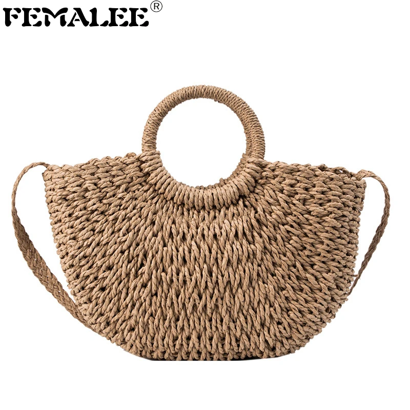 

FEMALEE Ins Round Handle Straw Bags 2019 New Women Hand-woven Moon Bags Vintage Summer Beach Big Tote Cross Body Bohemia Handbag