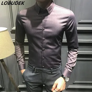 

England style Men's Casual Shirts Occident male Fashion slim shirt White Black Gray Spring Autumn shirts singer dancer costumes