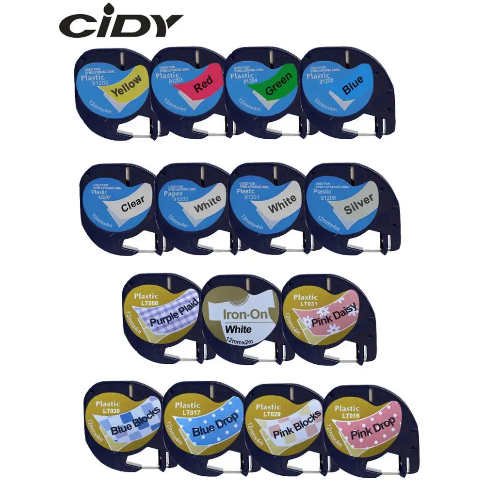 

CIDY 91201 Mixed Compatible 12mm Black on white Dymo Letratag Plastic Tape LT 91331 LT9120112267 18769 18771 for LT-100H LT-100T