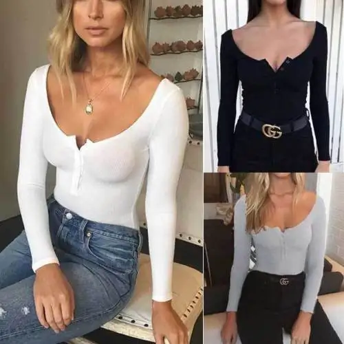 

2018 Sexy Women Long Sleeve Shirt Romper Jumpsuit Stretch Leotard Top Blouse Hot