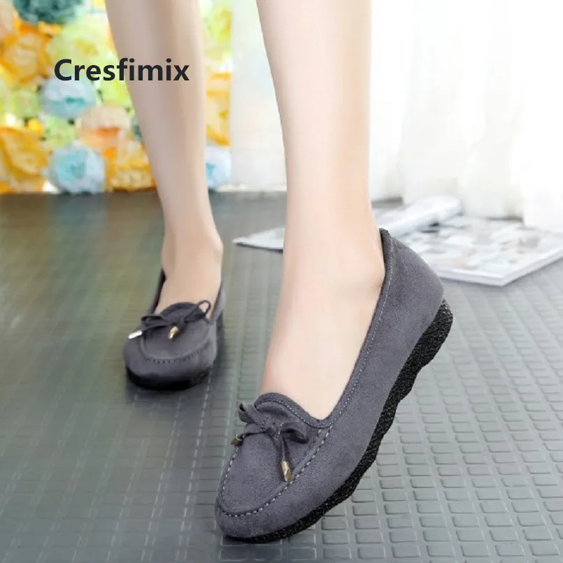 Cresfimix zapatos de mujer women cute comfortable spring slip on black flat shoes lady casual summer grey bow tie shoes a3226