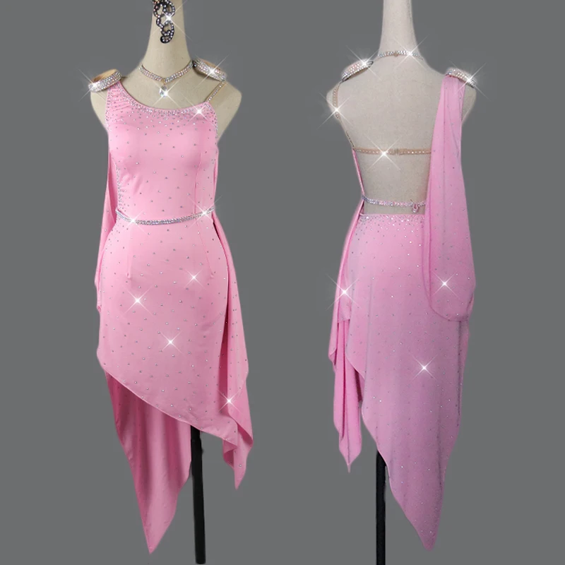 

Elegant Latin Dance Dress Women Pink Dance Dress Shiny Rhinestone Flamengo Rumba Salsa Dress Customized Child Latin Dress VDB404