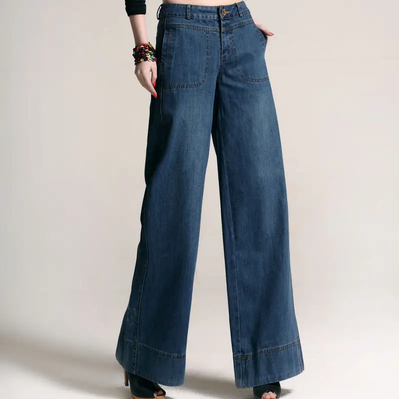 Весна осень повседневные женские высокие приталенные с широкими штанинами свободные джинсы, Осенние облегающие синие джинсы брюки для