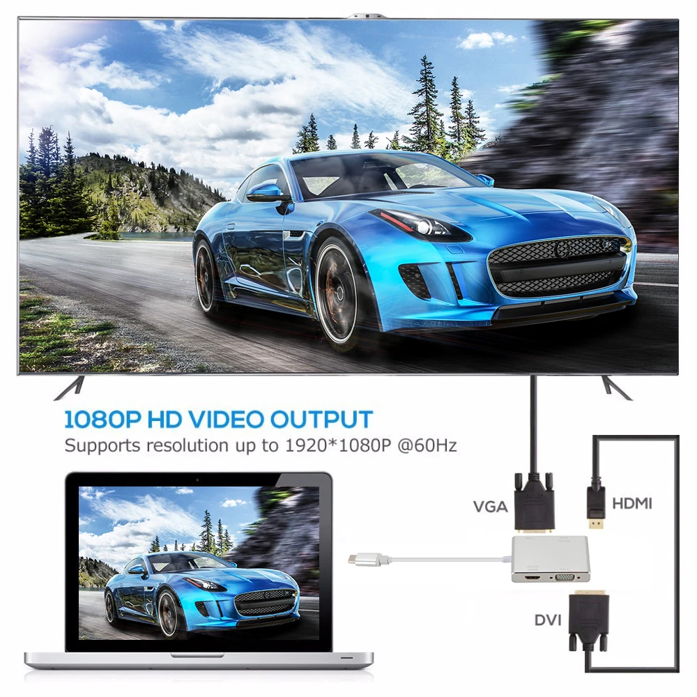 Кабель адаптер KEBIDU 4 в 1 USB 3 C Type к HDMI VGA DVI 0 для ноутбука Apple разветвитель