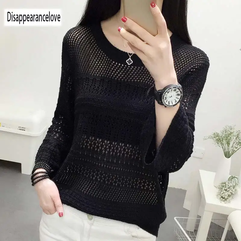 2018 Autumn Female Knitwear Loose Thin Long Sleeves Women Sweaters Simple Fashion Hollow-out O-neck Knitted Sweater Sweaters